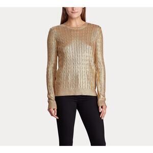 Lauren Ralph Lauren Metallic Gold Cable Knit Sweater XS Shimmer Holiday Classic